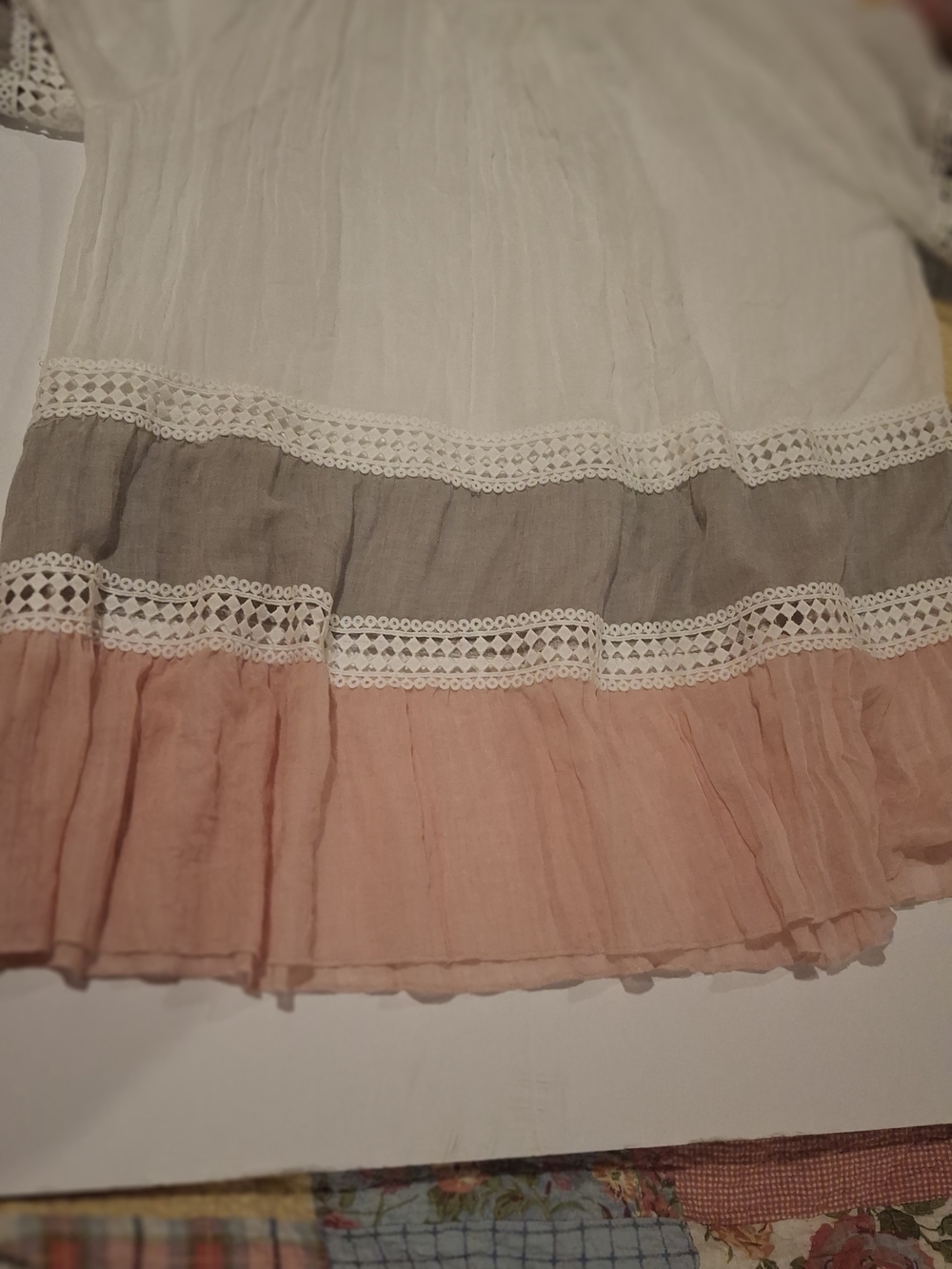 Boho Tiered Peasant Tunic with Crochet Trim - White, Taupe & Blush - Picture 5 of 9